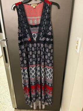 One World Women Blue Paisley Print Maxi Dress M Boho Hippie HiLow Hem Whimsigoth